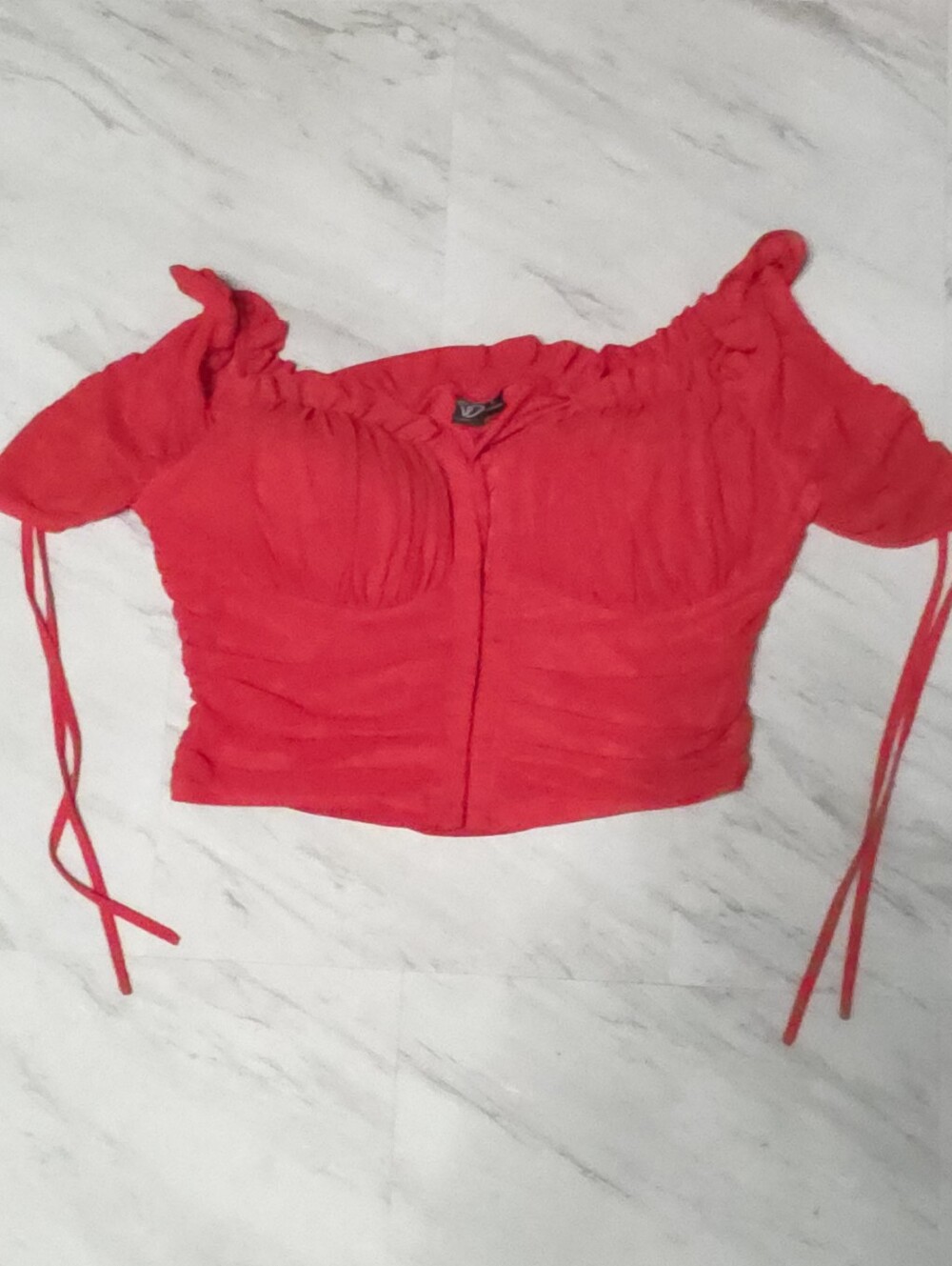 Windsor Red Off-Shoulder Ruched Tie-Sleeve Crop Top
